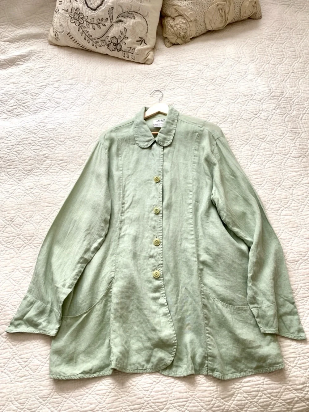 Flax 100% Sage Green Linen Button Front Tunic Shirt Top Long Sleeve Size L - Picture 15 of 16